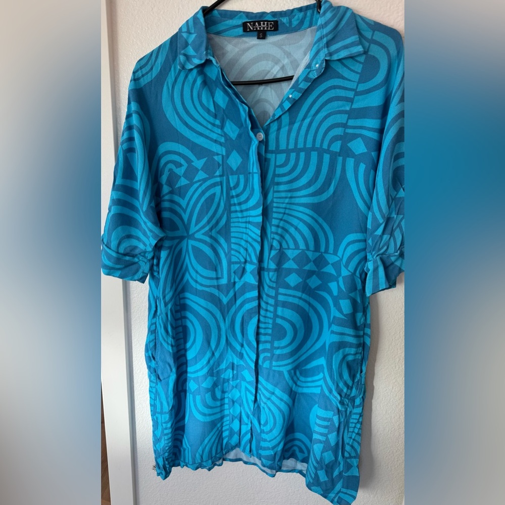 Womens Nahe Wahine Blue Polynesian  Pattern Shirt dress size small